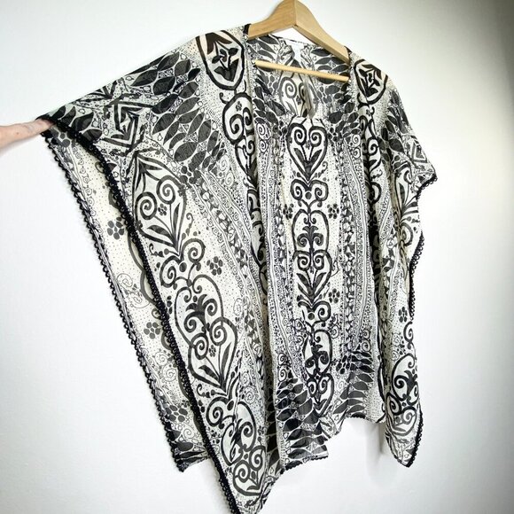 NWT Chico's Ramika Peri Poncho Black White One Size Sheer Beaded Embroidered - Picture 9 of 13